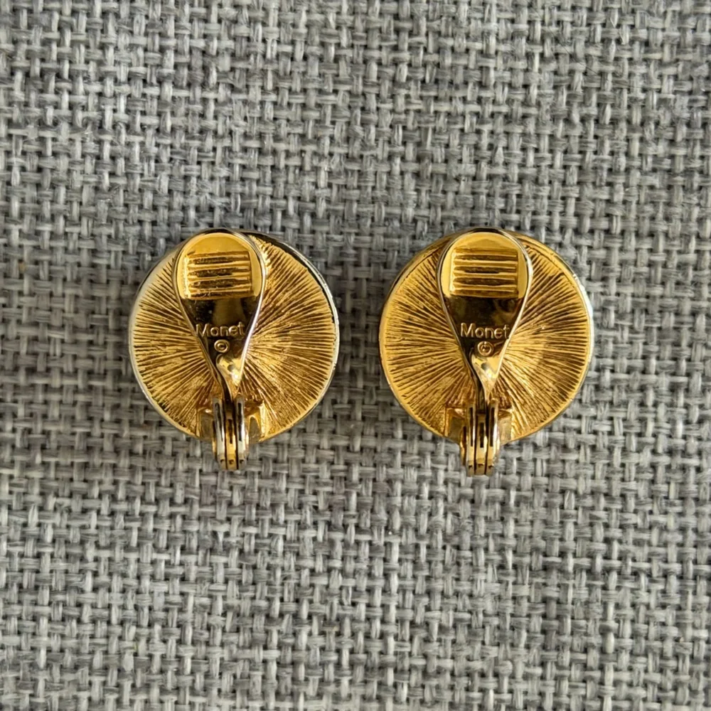 Vintage Monet Faux Pearl Gold Tone Clip-On Earrings Classic Round